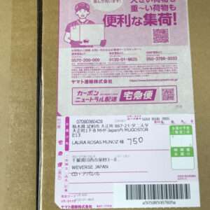 Cardboard box with a pink Japanese shipping label showing a courier illustration and shipping details, including recipient LAURA ROSAS MUNOZ.