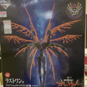 Box art for an Evangelion 30th Anniversary figure by Bandai Namco, showing a purple humanoid EVA with bright orange wing-like energy extending from its back against a dark blue starry background.