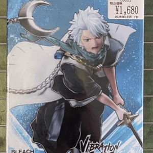 Bleach Vibration Stars action figure box featuring a white-haired character brandishing a sword; price ¥1,680 visible on sticker (Bandai).