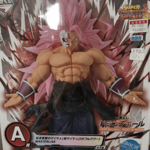 Boxed Dragon Ball Heroes Masterlise action figure of Goku Black (Super Saiyan Rose) with pink hair, muscular torso, and purple wristbands, against an energetic background.