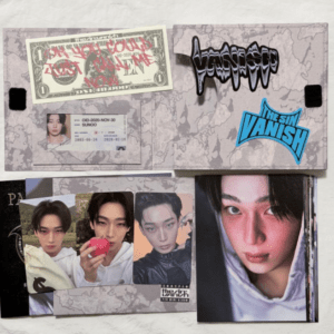 Collage: camo-pattern box with stickers and a small ID photo, plus printed photos of a young man and a close-up portrait on the right