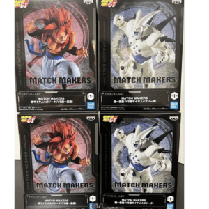 Four boxed Dragon Ball GT Match Makers figures in a 2x2 arrangement: Goku in orange gi on the left boxes and a white armored character on the right boxes.