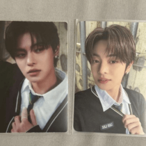 Two Polaroid-style portraits of a young man in a school uniform posing for the camera.