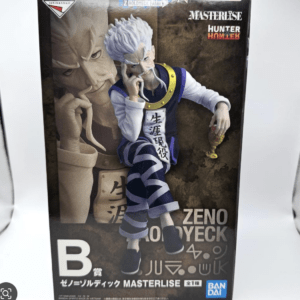 Product photo of a Masterlise figure box: Zeno Zoldyck from Hunter x Hunter in blue-and-white outfit, displayed on brown packaging with Bandai Namco logos.