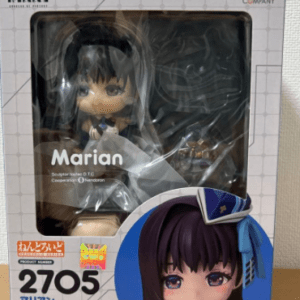 Boxed Nendoroid figure of Marian from Good Smile Company, model 2705, visible through the clear window with a purple-haired illustration on the front.