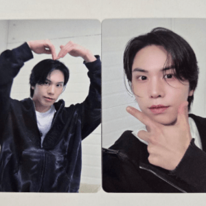 Two photo cards of a young man in a black jacket; left panel shows him making a heart shape with his hands above his head, right panel shows a peace sign near his face.