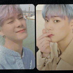 Two-panel collage of a person with pastel blue hair: left panel outdoors by water smiling; right panel close-up with finger near lips.