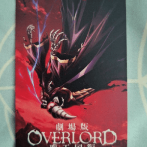 Trading card-style poster for Overlord: armored character leaping forward with a red sky, purple energy, and the title 'OVERLORD' at the bottom in Japanese/English text.