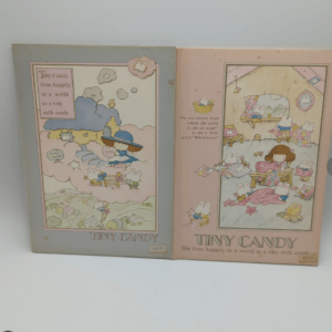 Two vintage 'Tiny Candy' book covers side by side: a gray-blue left cover with cloud scenes and rabbits, and a pink right cover with a cozy room full of rabbits and a girl, both featuring the title 'Tiny Candy' at the bottom.