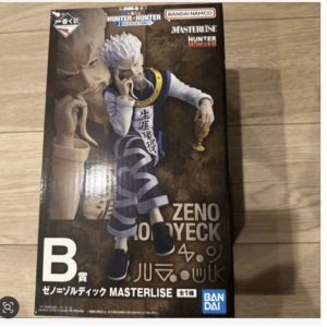 Boxed MasterLISE figure of Zeno Zoldyck from Hunter x Hunter; character in white and purple with a golden accessory held in one hand.