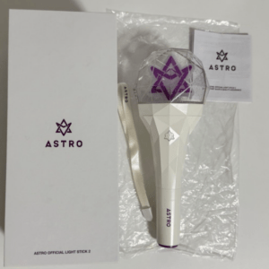 Astro official light stick: white handle, faceted crystal head with purple logo, shown with box and packaging.
