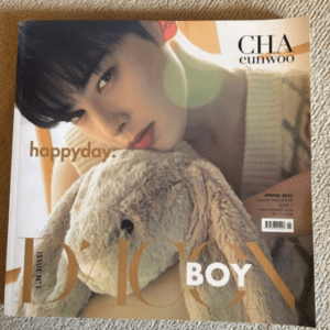 Close-up magazine cover showing a young man cuddling a plush bunny, with 'happyd ay' text on the left and 'CHA eunwoo' on the top right; large text 'BOY' near the bottom suggests a feature on a male idol.