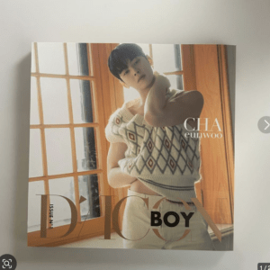 Cover of a fashion magazine showing a male model in a cream diamond-pattern sweater posing by a wooden-framed window.