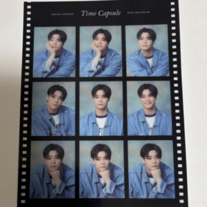 Nine-photo sheet titled Time Capsule featuring a young man in a blue denim jacket in various poses.