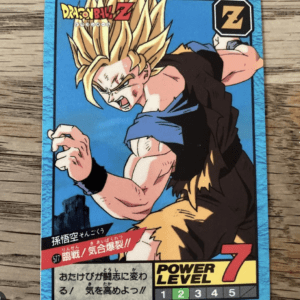 Goku in Super Saiyan form on a Dragon Ball Z card with Power Level 7 and Japanese text panels deep blue background.