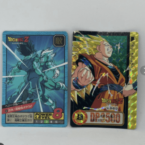 Two Dragon Ball Z trading cards: left card shows a blue illustration of fighters in battle with a 'Power Level 8' label, right card features a shiny foil image of Goku in an orange gi with a determined pose.