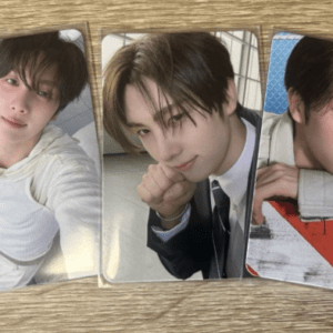Three photo cards of a young man: left in a white hoodie, middle in a suit with his hand under his chin, right leaning on a desk with a red notebook.