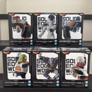Six boxed action figures on a store shelf from Solid Edge Works, featuring a red-haired heroine, silver robot, blue robot, green ogre, purple warrior, and white-haired fighter.