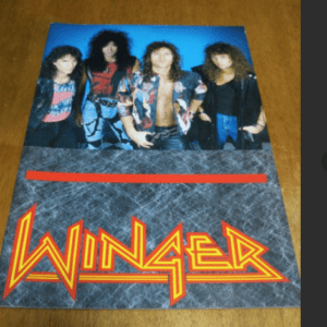 Band poster showing four Winger members at the top and a bold yellow WINGER logo across the bottom on a dark background.