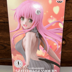 Box art of a pink-haired anime girl figure in a gray swimsuit, with heart-filled pink background; Glitter & Glamours line by Bandai Namco/Banpresto.