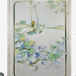 Girl on a swing beneath a vine-arched frame; pastel landscape with grapevines in the foreground.