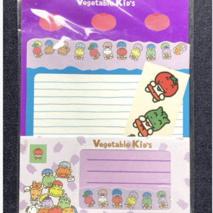 Colorful Vegetable Kid's stationery set with cartoon vegetables, lined note area, and small stickers; purple header reads 'Vegetable Kid's'.”,