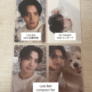 Four photocard cards arranged on a wooden surface: three feature a young man in a sweater in different poses, and the bottom-right card shows him with a light-colored dog; captions include 'Last Bell', 'NO TRAGEDY', and 'Last Bell compact Ver'.