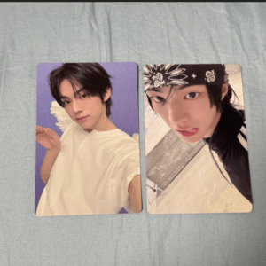 Two vertical photo cards of a young man on a light gray fabric background; left card shows a white-shirt pose against a purple backdrop, right card shows a close-up with a bandana and black jacket.