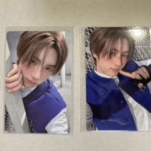 Two side-by-side selfies of a young person with light brown hair in a blue varsity jacket over a white shirt, posing in a stairwell setting.