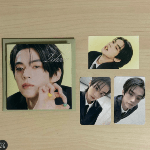 Set of photo cards featuring a young man in a suit: a large left album cover with a close-up of his face holding colorful candies, and three smaller cards with his portraits arranged to the right and below.