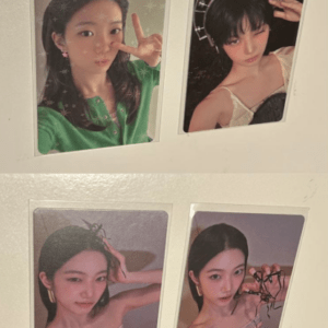 Four Polaroid-style photos of a young woman in a collage: top-left shows a peace sign self-portrait in a green shirt.