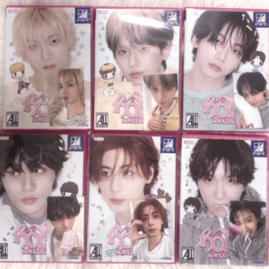 Six pink-bordered DVD cases arranged in a 3x2 grid, each with a close-up portrait of a young man on the cover.