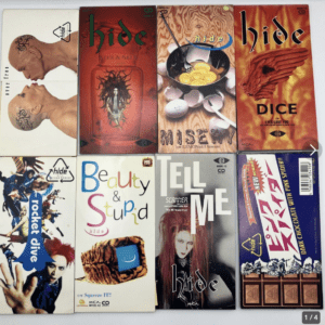 Eight HIDE CD album covers arranged in two rows on a white surface, showing varied artwork and bold typography in each cover design.