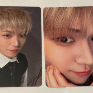 Two photo cards featuring a person with blond hair: left shows a full-face portrait in a white shirt and black vest, right is a close-up selfie-like portrait closer to the camera.