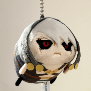 Plush keychain of a white-faced anime character with gray hood, red eyes, and a gold-trimmed outfit, hanging by a chain.  Articulos Japan (Post Box Japan)