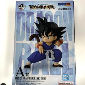 Box of a Dragon Ball figure: Goku in blue gi posed mid-kick, packaging shows 'Dragon Ball' branding and Bandai Namco logos, Masterise line.