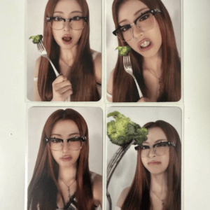 Four-panel collage of a woman with long brown hair and glasses, holding a broccoli-torked fork in each frame with playful expressions
