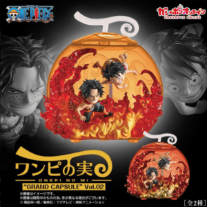Two One Piece figurines inside an orange flaming capsule, with 'Grand Capsule Vol.02' branding on black background.