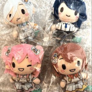 Four chibi plush dolls in plastic wrap: pink-haired winking girl, brown-haired girl in white/yellow outfit, white-haired girl, and dark-haired boy in a suit.