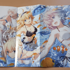 Open anime artbook shows three female characters in bikinis, underwater blue background with colorful fish.  Articulos Japan (Post Box Japan)