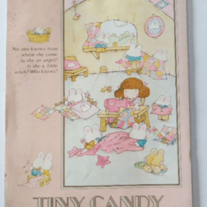 Cover of Tiny Candy: pastel illustration of a girl with brown hair surrounded by pink rabbits in a cozy, candy-filled room; some text hints at a mysterious origin.