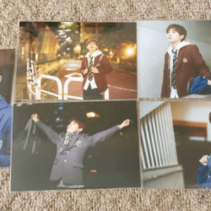 Six-photo collage of a young man in a school blazer posing in different settings: portraits, street, stairwell, stage, and hallway.