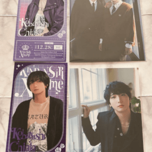 Collage of four posters/photos featuring a young man in different outfits, including purple posters and a window-side portrait.