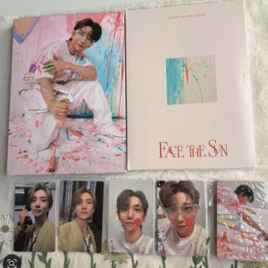 SEVENTEEN album cover for Face the Sun featuring colorful paint-splashed artwork and a person painting in white clothes on the left.