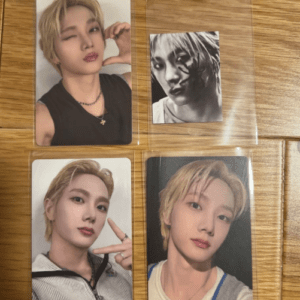 Set of four photo cards featuring a blonde man posing for selfies: top-left winking with hand near face; top-right black-and-white portrait; bottom-left making a peace sign; bottom-right wearing a blue-and-white shirt in a casual portrait.