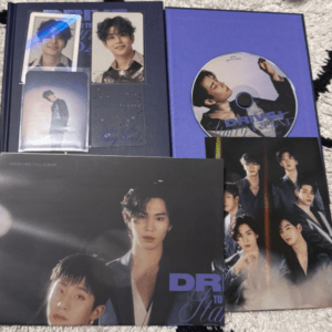 Collection of music albums and portrait photo cards laid on a carpet, including a black full album sleeve, a purple CD case, and a group photo poster.
