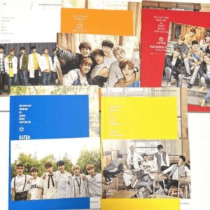 Collage of ASTRO posters and group photos in blue, yellow, orange, and red panels featuring the six-member K-pop band.