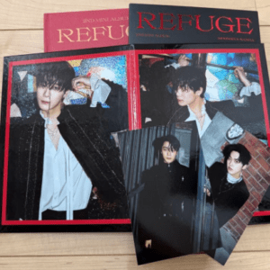 Set of album covers titled REFUGE in red and black, with a collage of photos of a male idol in a dark blazer; includes a small portrait card.
