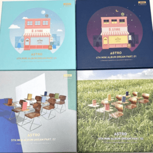 Astro 4th mini album Dream Part 1 cover with a pastel pink storefront labeled D.STORE against a night-blue sky and city background.