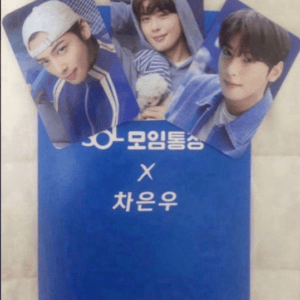 Three young men in blue outfits posing on a blue poster with Korean text, photo-card style art.